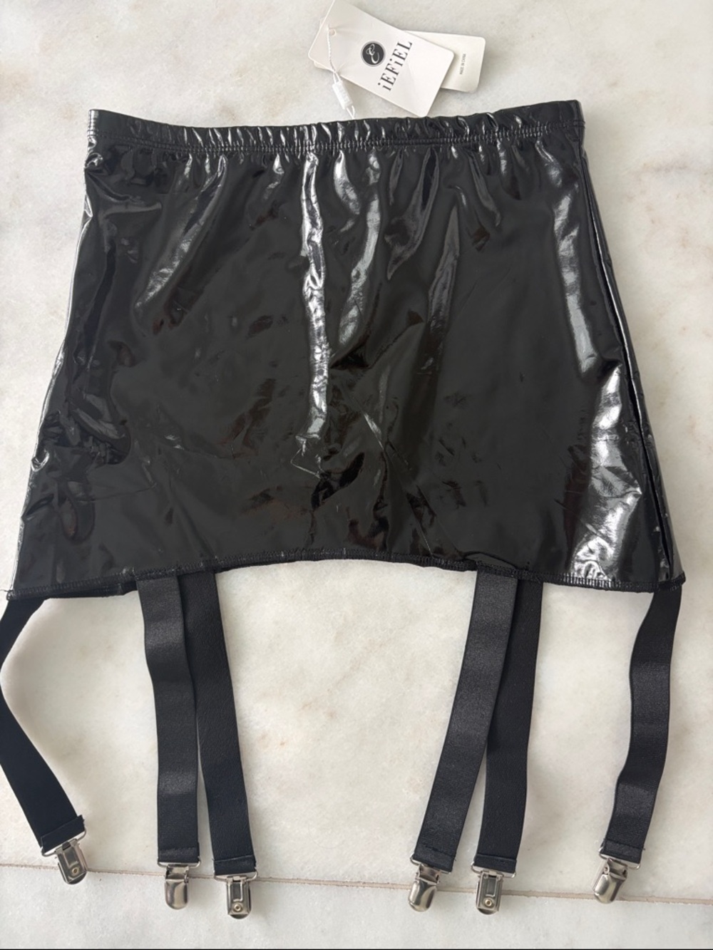 Suspenders garter skirt patent black
